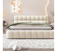 ZSSWSS Lit capitonné, 160 x 200 cm, plat, pour adolescent, avec tête de lit rembourrée, cadre de lit adulte avec sommier à lattes, lit pour chambre à coucher et chambre d'amis, lin beige