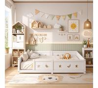 ZSSWSS Lit de sol 2 en 1 120/140x200 cm, lit d'enfant Montessori en bois de pin massif, lit simple au sol pour enfant avec sommier à lattes, lit de sol en bois avec étoiles et lune, lit enfant avec ba