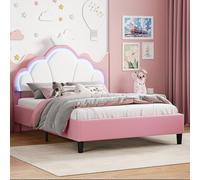 ZSSWSS Lit pour fille 140 x 190 cm en velours rose avec tête de lit couronnée et sommier à lattes, tête de lit réglable en hauteur, lit de princesse pour chambre d'enfant et chambre d'adolescent