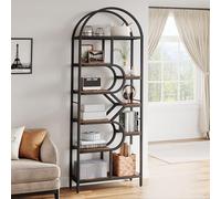 Zstar Bibliothèque Arche Moderne 6 Niveaux 207,5 cm, étagère Ouverte géométrique, Grand capacité Rangement/présentation, Cadre en métal pour Salon/Chambre/Bureau - Noir + Finition Brun Rustique