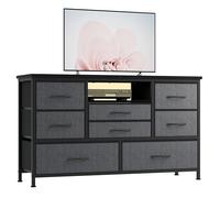 Zstar Buffet 8 tiroirs Simili Cuir Gris foncé avec éclairage LED et USB - Meuble TV Industriel Cadre métal Plateau Bois