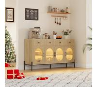Zstar Buffet Moderne avec rangements - 3 tiroirs, 4 Portes vitrées rainurées, étagères réglables - Meuble de Salle à Manger, Cuisine ou Salon, Design élégant, Finition Bois Naturel