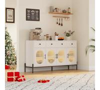Zstar Buffet Moderne avec rangements - 3 tiroirs, 4 Portes vitrées rainurées, étagères réglables - Meuble de Salle à Manger, Cuisine ou Salon, Design élégant, Finition Blanc embossé