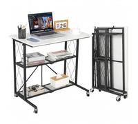 Zstar Bureau Informatique Pliable 80 cm sur roulettes, Couleur : Blanc | Poste De Travail Mobile Gain De Place, Plateau Effet Bois + étagères Métal/Grillage 3 Niveaux, Sans Montage