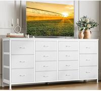 Zstar Commode 14 Tiroirs Tissu Cuir Blanc Meuble TV avec Prises Intégrées Grand Buffets Rangement Métal 160x35x75cm pour Chambre Salon