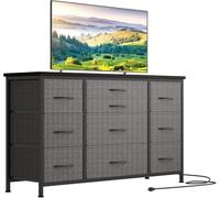 Zstar Commode pour chambre à coucher, avec tiroirs, cadre en métal, armoire TV en tissu avec 3 prises, décoration moderne, plateau en bois, commode avec 10 tiroirs, pour chambre à coucher, salon, gris