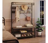 Zstar Hall Tree with Bench and Shoe Storage, Coat Rack with Flip-Top Seat, Entryway Storage Bench with Drawer, Gray