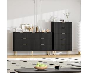 Zstar Majesté capacité - Commode Haute 5 tiroirs cannelés en Bois, poignées métal, Design Moderne - Rangement Chambre, Salon, entrée, Dressing - Finition Noire