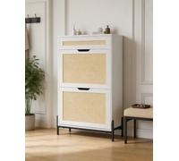 Zstar Meuble à Chaussures Blanc rotin 3 tiroirs Style Farmhouse | étagères intérieures réglables, rangement fermé discret, solution gain de-place idéale pour entrée et petit appartement