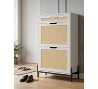 Zstar Meuble à Chaussures Blanc rotin 3 tiroirs Style Farmhouse | étagères intérieures réglables, rangement fermé discret, solution gain de-place idéale pour entrée et petit appartement