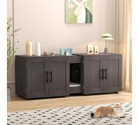 Zstar Meuble Cache-litière Double en Bois pour 2 Chats, 2 Compartiments 55 x 17,7 x 22,5 po, Portes Style Grange, Rangement + Tapis, Meuble TV - New Black Walnut