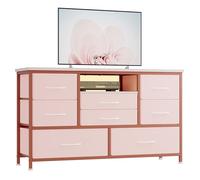 Zstar Meuble TV 8 tiroirs avec Prise électrique/éclairage LED/Plateau Bois | Structure métallique robuste - Pour télé jusqu'à 55'' - Idéal salon/chambre/entrée - Rose