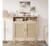 Zstar Square Rattan Buffet Cabinet, 2-Door Kitchen Storage with Adjustable Shelf, Modern Farmhouse TV Stand Coffee Bar for Dining Room, Living Room