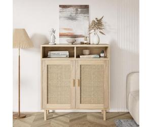 Zstar Square Rattan Buffet Cabinet, 2-Door Kitchen Storage with Adjustable Shelf, Modern Farmhouse TV Stand Coffee Bar for Dining Room, Living Room