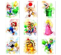 Zstlwyl Lot de 9 affiches aquarelles Super Mario Bros pour chambre d'enfant, décoration murale de salle de jeux (20,3 x 25,4 cm) sans cadre