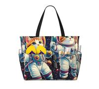 ZSUUGJ Astronauts Cats In Space Sac fourre-tout de plage extra large avec poches zippées - Sac de vacances étanche pour piscine, pique-nique, gym et voyage