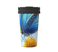 ZSUUGJ Blue Butterfly Tasse à café isotherme avec anneau de transport rétractable, couvercle étanche à une pression, en acier inoxydable 304