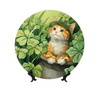 ZSUUGJ Clover Cat Assiette décorative en porcelaine anglaise avec support et crochet, décoration murale et table, idéale pour le salon, le bureau, 20,3 cm/25,4 cm