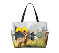 ZSUUGJ Deer In The Meadow Sac fourre-tout de plage extra large avec poches zippées - Sac de vacances imperméable et résistant au sable pour piscine, pique-nique, gym et voyage