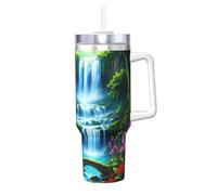 ZSUUGJ Enchanted Forest Waterfall Retreat Gobelet isotherme de 1200 ml avec poignée et couvercle à paille - Tasse de voyage isotherme - Tasse à café réutilisable - Idéal pour voiture, travail et