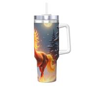 ZSUUGJ Fire Horse Night Gobelet isotherme de 1200 ml avec poignée et couvercle à paille - Tasse de voyage isotherme - Tasse à café réutilisable - Idéal pour voiture, travail et cadeau
