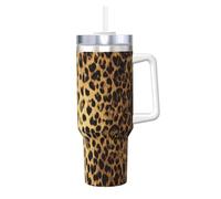 Zsuugj Gobelet de 1200 ml avec poignée et couvercle à paille - En acier inoxydable - Motif léopard noir - Tasse à café isotherme - Cadeau pour homme et femme