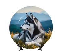 ZSUUGJ Husky Mountain Majesty Assiette décorative en porcelaine anglaise avec support et crochet, décoration murale et table, idéale pour le salon, le bureau, 20,3 cm/25,4 cm
