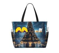 ZSUUGJ Lights On Christmas Tree Sac fourre-tout de plage extra large avec poches zippées - Sac de vacances imperméable et résistant au sable pour piscine, pique-nique, gym et voyage