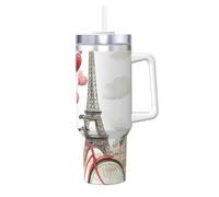 ZSUUGJ Love Paris Tower Coffee - Gobelet isotherme de 1200 ml avec poignée et couvercle à paille - Tasse de voyage isotherme - Tasse à café réutilisable - Idéal pour la voiture, le travail et le