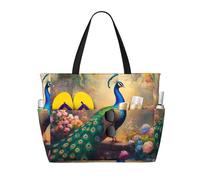 ZSUUGJ Peacock In Flowers Sac fourre-tout de plage extra large avec poches zippées - Sac de vacances imperméable et résistant au sable pour piscine, pique-nique, gym et voyage