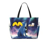 ZSUUGJ Polar Bear Northern Lights Sac fourre-tout de plage extra large avec poches zippées - Sac de vacances imperméable et résistant au sable pour piscine, pique-nique, gym et voyage