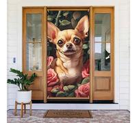 ZSUUGJ Rideau de porte réutilisable vintage motif chihuahua à fleurs rouges pour décoration intérieure et extérieure facile à accrocher pour les fêtes, anniversaires et vacances