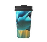 ZSUUGJ Sea Shark - Tasse de voyage portable en acier inoxydable - Gobelet isotherme pour boissons chaudes et froides avec couvercle anti-fuite, tasse à café adaptée aux navetteurs pour le bureau, la