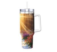 ZSUUGJ Spring Dawn Forest - Gobelet isotherme de 1200 ml avec poignée et couvercle à paille - Tasse de voyage isotherme - Tasse à café réutilisable - Idéal pour voiture, travail et cadeau