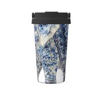 ZSUUGJ Tasse à café isotherme en acier inoxydable 304 avec anneau de transport rétractable, couvercle étanche à une pression, motif éléphant bleu et blanc