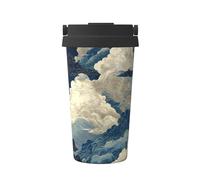 ZSUUGJ Tasse à café isotherme en acier inoxydable 304 avec anneau de transport rétractable, couvercle étanche à une pression, motif écailles de poisson et vagues