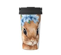 ZSUUGJ Tasse à café isotherme en acier inoxydable 304 avec anneau de transport rétractable, couvercle étanche à une pression, motif lapin de Pâques marron