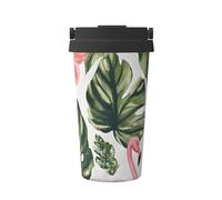 ZSUUGJ Tasse à café isotherme en acier inoxydable 304 avec anneau de transport rétractable, couvercle étanche à une pression, motif flamants roses et feuilles