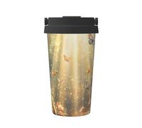 ZSUUGJ Tasse à café isotherme en acier inoxydable 304 avec anneau de transport rétractable, couvercle étanche à une pression, motif champignon papillon