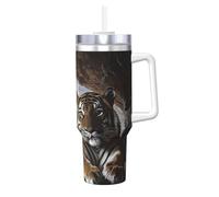 ZSUUGJ Tiger in Cave - Gobelet isotherme de 1200 ml avec poignée et couvercle à paille - Tasse de voyage isotherme - Tasse à café réutilisable - Idéal pour voiture, travail et cadeau