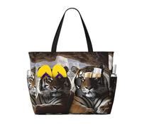 ZSUUGJ Tiger In Cave Sac fourre-tout de plage extra large avec poches zippées - Sac de vacances imperméable et résistant au sable pour piscine, pique-nique, gym et voyage