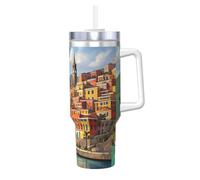 ZSUUGJ Vibrant Coastal Townscape - Gobelet isotherme en acier inoxydable avec poignée - Tasse de voyage avec couvercle pour boissons chaudes et froides - Convient pour la maison, le bureau et la