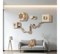 ZSXZCBDQ Mur Escalade Chat Étagère, Ensemble Mural d'escalade pour Chat, Meubles Muraux en Bois Massif, Étagères d'escalade avec, Échelle et Plateforme(9pcs2)