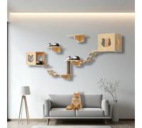 ZSXZCBDQ Mur Escalade Chat Étagère, Ensemble Mural d'escalade pour Chat, Meubles Muraux en Bois Massif, Étagères d'escalade avec, Échelle et Plateforme(9pcs)