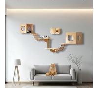 ZSXZCBDQ Mur Escalade Chat Étagère, Ensemble Mural d'escalade pour Chat, Meubles Muraux en Bois Massif, Étagères d'escalade avec, Échelle et Plateforme(8pcs)