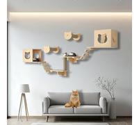 ZSXZCBDQ Mur Escalade Chat Étagère, Ensemble Mural d'escalade pour Chat, Meubles Muraux en Bois Massif, Étagères d'escalade avec, Échelle et Plateforme(9pcs1)