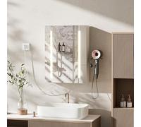 Ztexkee Armoire Murale Salle de Bain avec Miroir Éclairage LED Armoire Miroir avec Prise et Fonction Antibuée Armoire de Toilette avec 2 Étagère Réglable, Support Sèche-Cheveux 45x15x60 cm Blanc