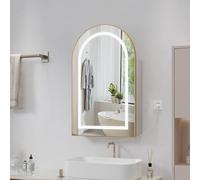 Ztexkee Armoire Salle de Bain avec Miroir Éclairage LED Murale Armoire Miroir avec Prise et Fonction Antibuée Arqué Armoire de Toilette avec 3 Étagère 50x80x15 cm Doré et Beige