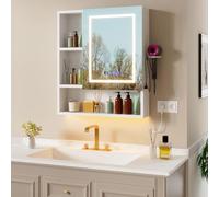 Ztexkee Armoire Salle de Bain avec Miroir Murale Armoire Miroir avec Éclairage et Fonction Antibuée, Affichage de l'horloge, Prise, 6 Compartiments et Support pour sèche-Cheveux,70 * 80 * 16cm