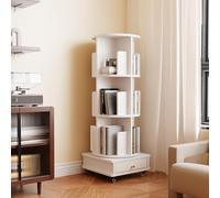Ztexkee Bibliothèque Rotative à 3 Niveaux Étagère Tournante Rotative à 360° avec Déflecteur Étagère à 4 roulettes avec 1 tiroir pour Coucher, Salon, Bureau, 40x40x113.5 cm Blanc